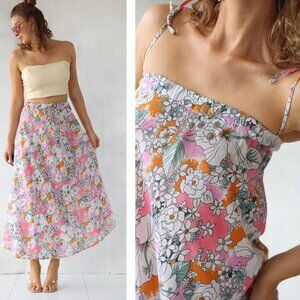 Vintage pink floral print thin cotton two-in-one maxi skirt dress xs s m